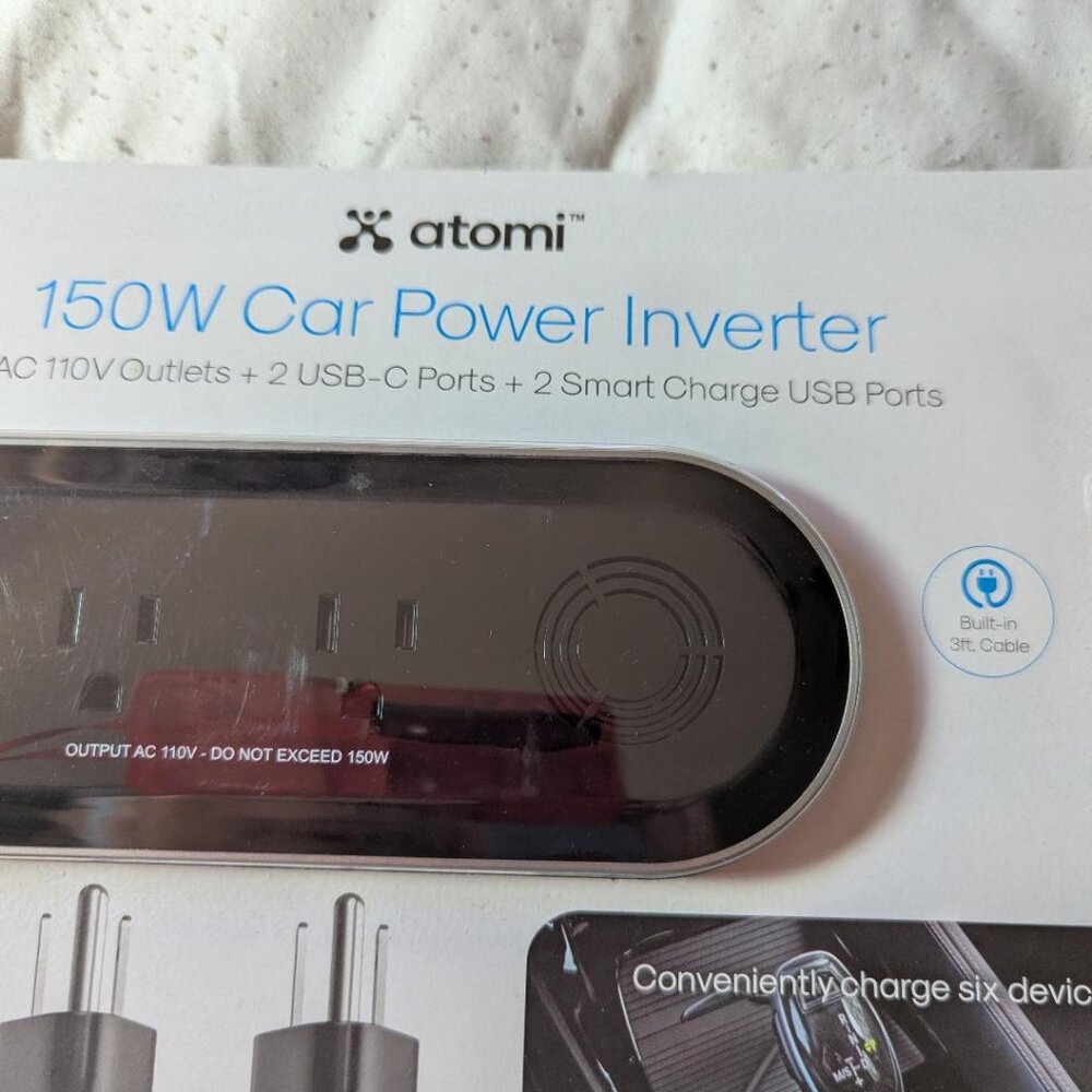 Atomi 150W Car Pwer Inverter - 2 AC 110 Outlts, 2 USB-C Ports,2 Smart USB Ports,